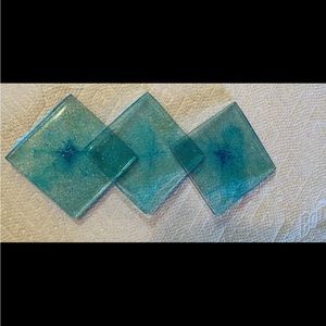 3 square blue epoxy coasters homemade with glitter